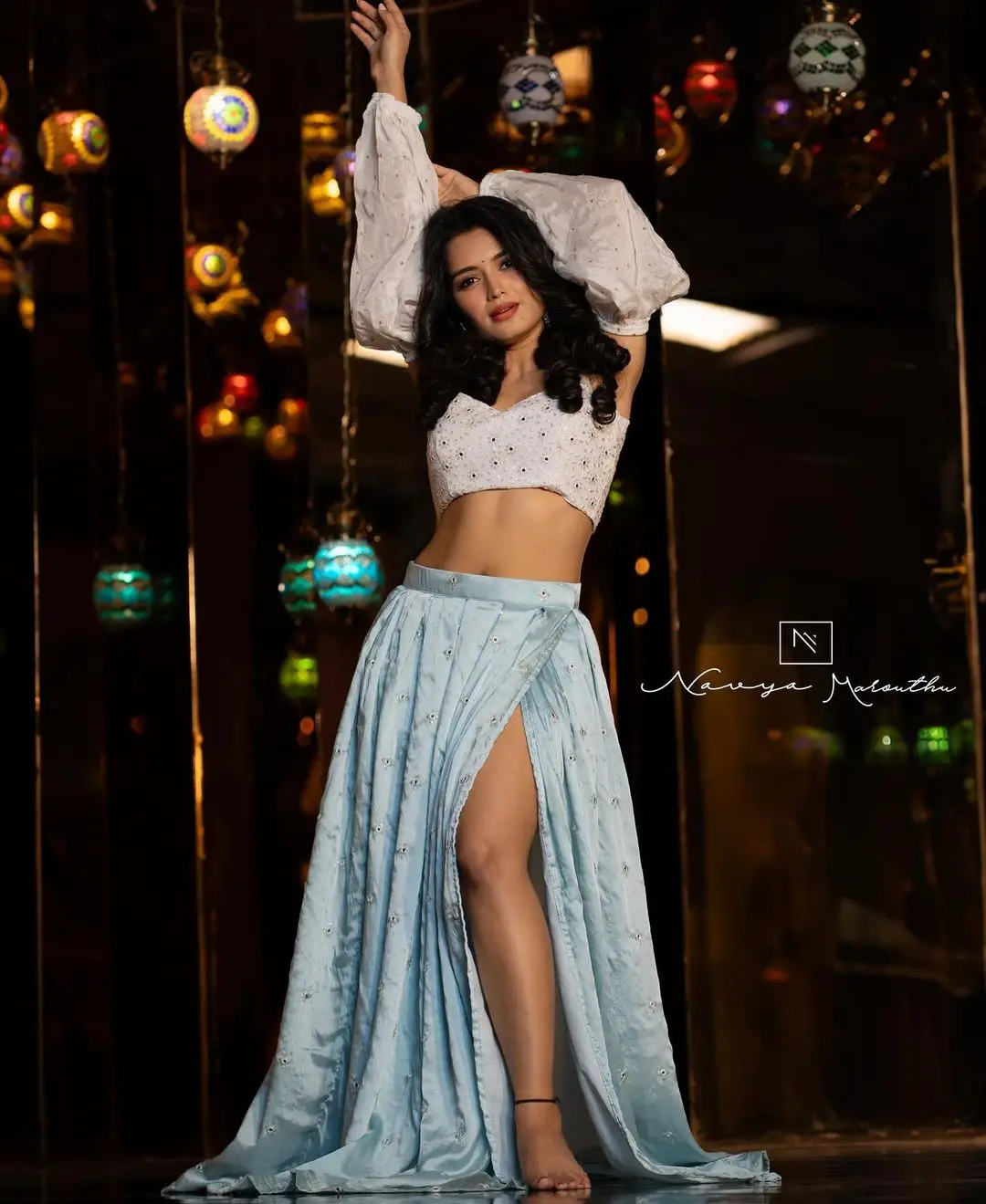 Maa TV Actress Priyanka Jain Long Legs Show in Mini Blue Skirt